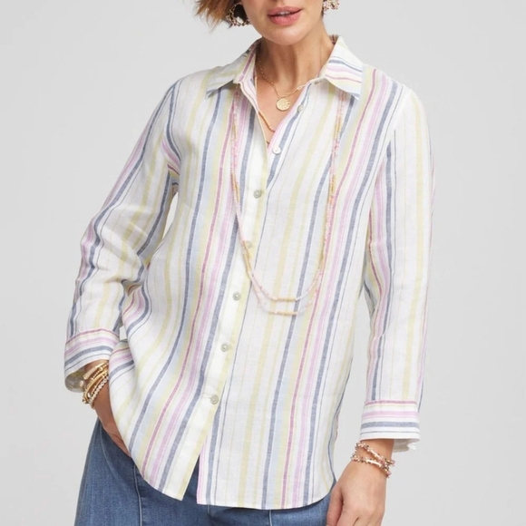 Chico's Tops - Women's Chico's Multi Stripe Linen Shirt, Size 8